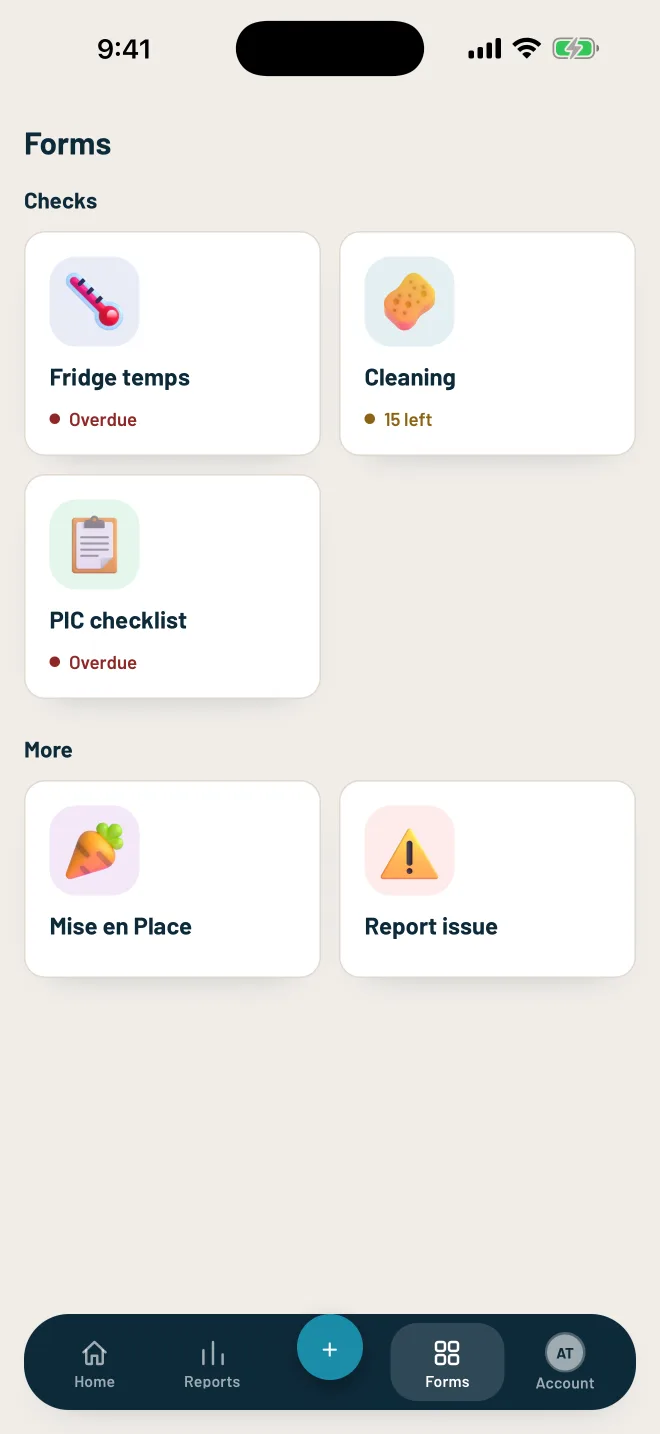 The Forms tab: every check as a tile, with what's due