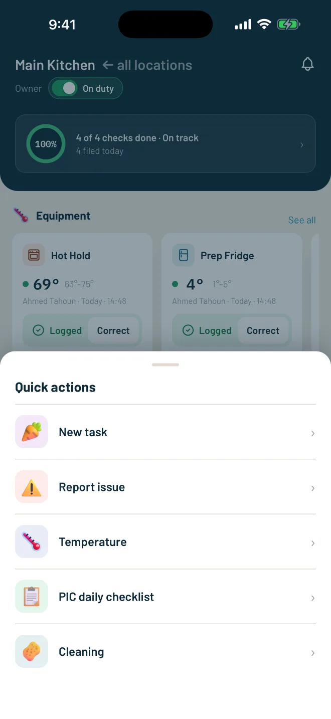 Quick actions: new task, report issue, temperature, PIC checklist, cleaning